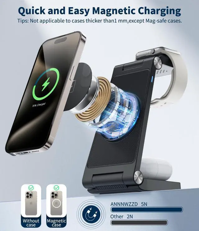 Alt view image 10 of 14 - Magnetic Wireless Charging Station, 3 in 1 Fast Max Charging for Smartphone,Watch,TWS - Space-Saving Multi-Device Stand (Black)