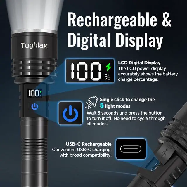 Alt view image 12 of 14 - Rechargeable Flashlights High Lumens, 90,000 Lumens Super Bright LED Flashlight Tactical Flashlight with LCD Digital Display, 5 Modes Zoomable Waterproof Powerful Handheld Flashlight for Home