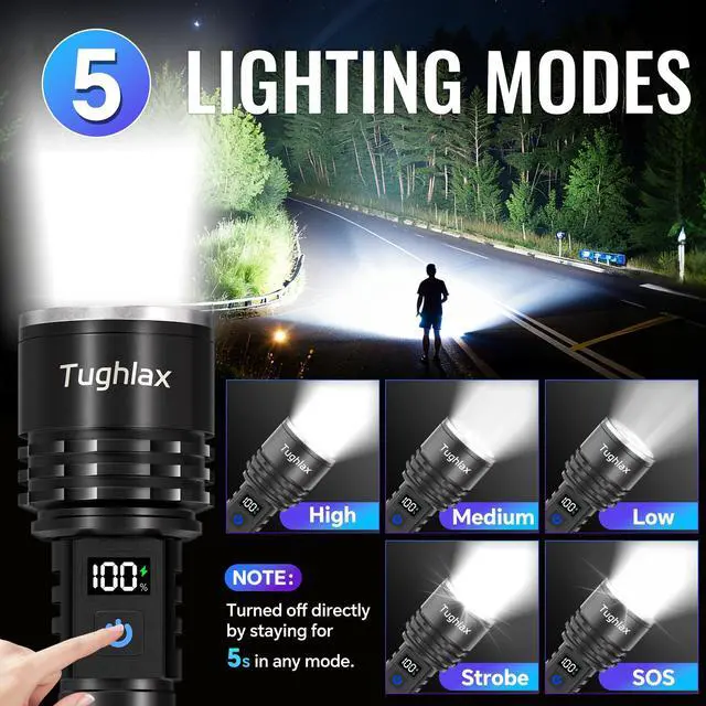 Alt view image 10 of 14 - Rechargeable Flashlights High Lumens, 90,000 Lumens Super Bright LED Flashlight Tactical Flashlight with LCD Digital Display, 5 Modes Zoomable Waterproof Powerful Handheld Flashlight for Home