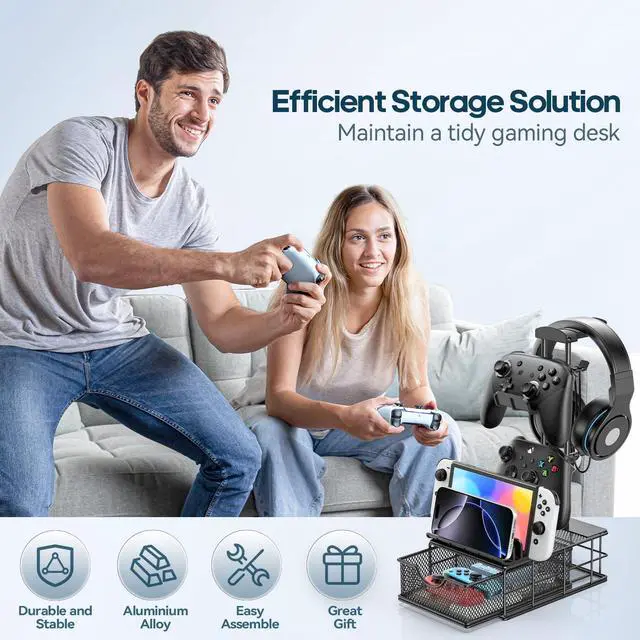 Alt view image 12 of 14 - Headphone Stand with Drawer - Headset & Controller Holder for Desk - Aluminum Supporting Bar Earphone Stand with Cable Organizer - Universal Gaming PC Accessories Storage