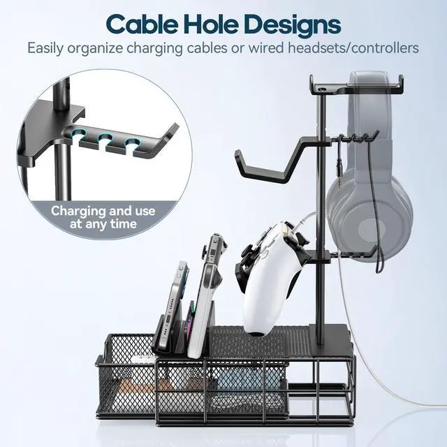 Alt view image 10 of 14 - Headphone Stand with Drawer - Headset & Controller Holder for Desk - Aluminum Supporting Bar Earphone Stand with Cable Organizer - Universal Gaming PC Accessories Storage