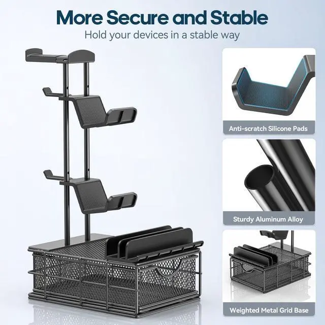 Alt view image 11 of 14 - Headphone Stand with Drawer - Headset & Controller Holder for Desk - Aluminum Supporting Bar Earphone Stand with Cable Organizer - Universal Gaming PC Accessories Storage