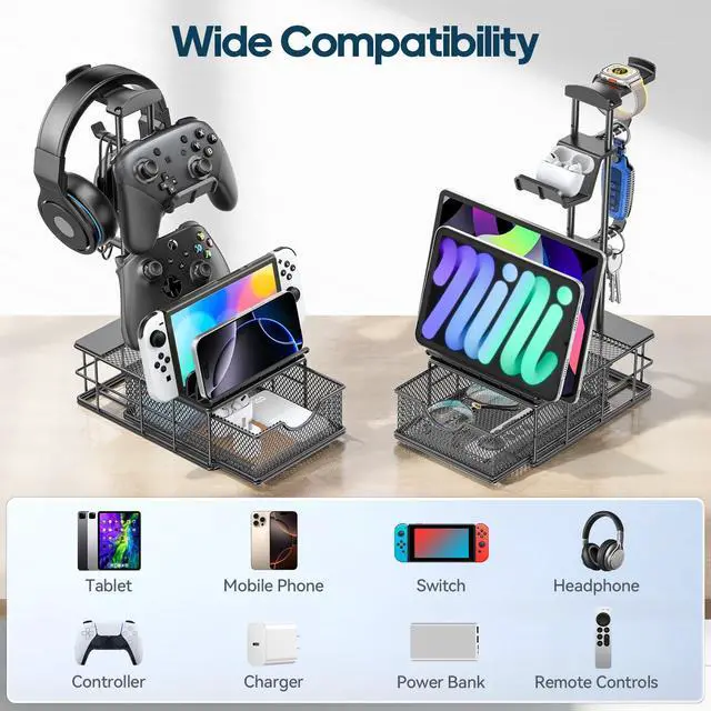 Alt view image 13 of 14 - Headphone Stand with Drawer - Headset & Controller Holder for Desk - Aluminum Supporting Bar Earphone Stand with Cable Organizer - Universal Gaming PC Accessories Storage