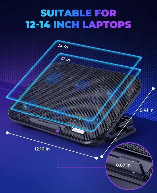 Alt view image 10 of 12 - Laptop Cooling Pad with 6 Quiet Fans and Adjustable Heights for 12-14.1 Inch Laptops, Dual USB Ports, Phone Holder, Efficient Cooling Stand for Heat Dissipation