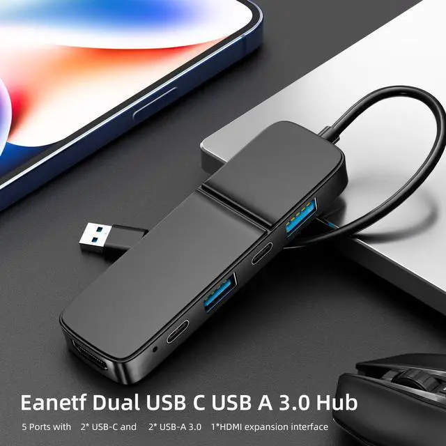 Alt view image 10 of 14 - USB to HDMI Adapter, Dual USB C USB A 3.0 Hub: 5 Ports with 2* USB-C and 2* USB-A and 1* HDMI Extend for TV,DVD Player,Projector,Monitor,Laptop,PS4,Flash Drive, HDD,Xbox, Printer etc - 5 in 1