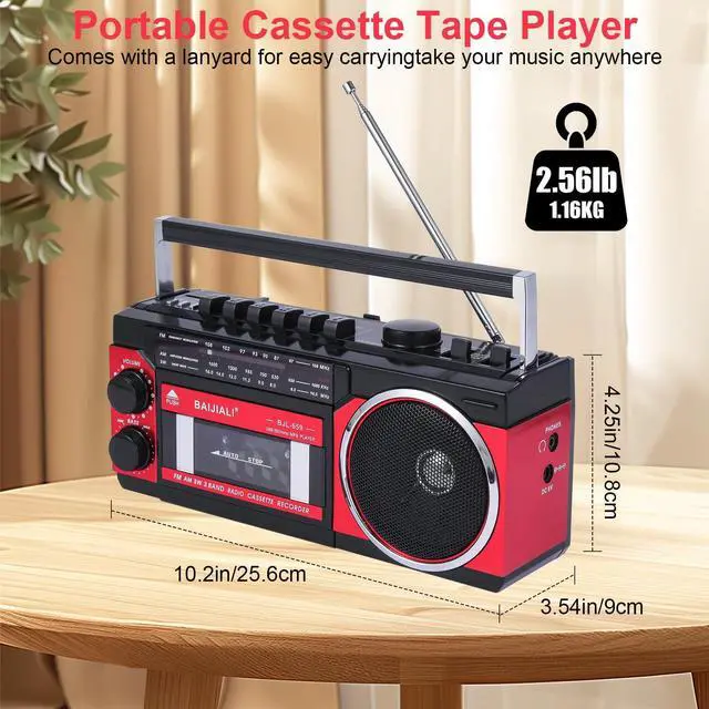 Alt view image 9 of 14 - Portable Cassette Player with AM/FM/SW Radio & BT, Boombox for Home and Travel, Record from Radio, Play via SD/USB, Headphone Jack, AC/Battery Power