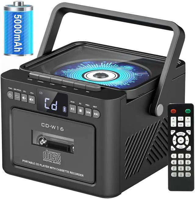Alt view image 8 of 14 - Boombox Cassette CD Player Bluetooth5.1 with 5000mAh Battery,5W Dual Stereo Speakers,Rechargeable CD Player with FM Radio,Remote Control,Tape Recording,3.5mm Earphone Jack,AUX/Micro SD/USB for Home