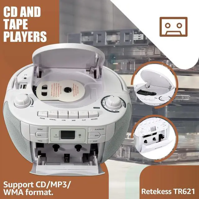 Alt view image 9 of 14 - TR621 CD and Cassette Player Combo, Boombox CD Player for Home, AM/FM, Tape Recording, TF/USB Drive, AC or D Battery Powered, Headphone Jack, Stereo Sound (White)