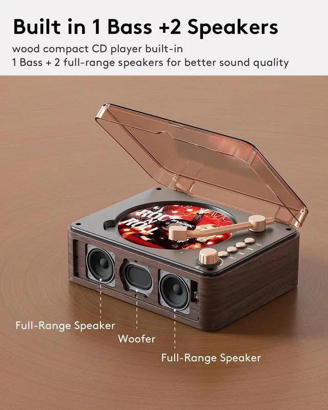 Alt view image 8 of 12 - CD Player with Speakers Bluetooth Nostalgic Retro Portable CD Players for Home Wood Music Player FM Radio for HomeWired and Remote Control-Walnut Brown