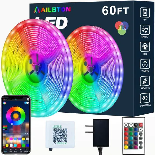 Alt view image 7 of 12 - Led Strip Lights,60ft Music Sync Color Changing, Built-in Mic,Bluetooth App Control LED Tape Lights with Remote,5050 RGB Rope Light Strips