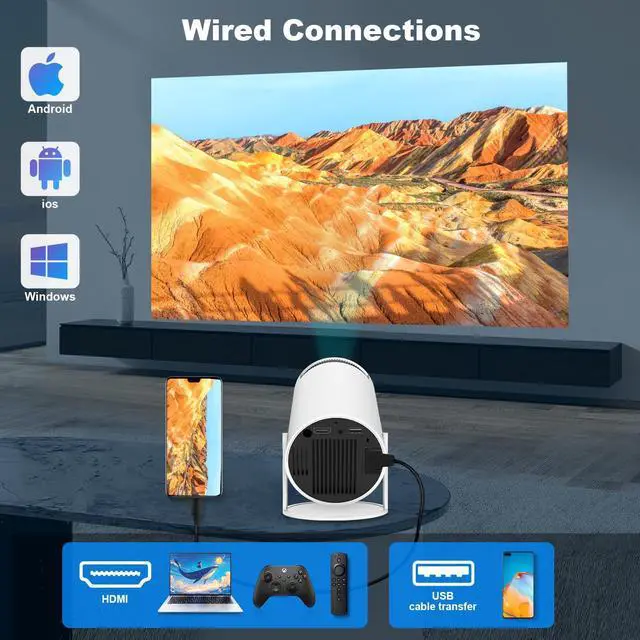 Alt view image 7 of 10 - Mini Portable Projector, Support 4K 1080P with Dual-Band WIFI6 5G Wireless 5.0 Bluetooth Android 11,160 ANSI,180° Rotatable, Auto Keystone Correction, 35"-130" Screen Video Projector