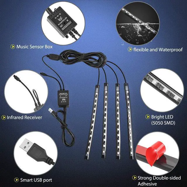 Alt view image 10 of 14 - 48 LEDs DC 5V Multicolor Music Car Strip Light Under Dash Lighting Kit with Sound Active Function and Wireless Remote Control, 2 Years Warranty, 4PCS USB Interior Lights