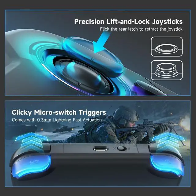 Alt view image 9 of 14 - 2 Pack Wireless Pocket Controller for Nintendo Switch/Switch 2/Android/iOS/PC/Steamdeck, Joystick Lift and Down Design, Bluetooth Gamepad with 6-axis Gyroscope/Turbo/Vibration/ 1000Hz