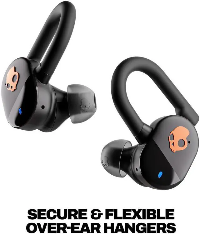 Alt view image 10 of 14 - Push Play Active Wireless Earbuds, Bluetooth Headphones, Noise Isolating Fit, 34 Hrs Battery, Secure-Fit Over-Ear Hanger, Sweat Water Resistant, Microphone for iPhone Android - Black/Orange