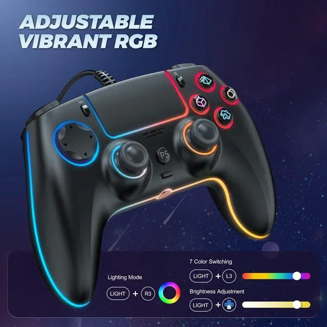 Alt view image 10 of 14 - RGB Wired Controller for PS5/PS4 and PC with Hall Effect Joystick and Trigger, 3.5mm Audio Jack, Support Tubro/Ma cro Function, Adjustable Dual Vibration 6-Axis Motion Control Gamepad