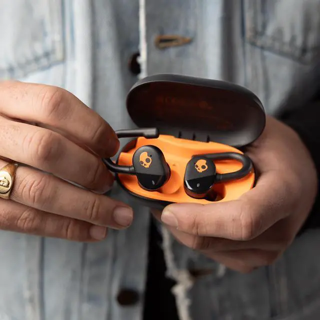 Alt view image 14 of 14 - Push Play Active Wireless Earbuds, Bluetooth Headphones, Noise Isolating Fit, 34 Hrs Battery, Secure-Fit Over-Ear Hanger, Sweat Water Resistant, Microphone for iPhone Android - Black/Orange