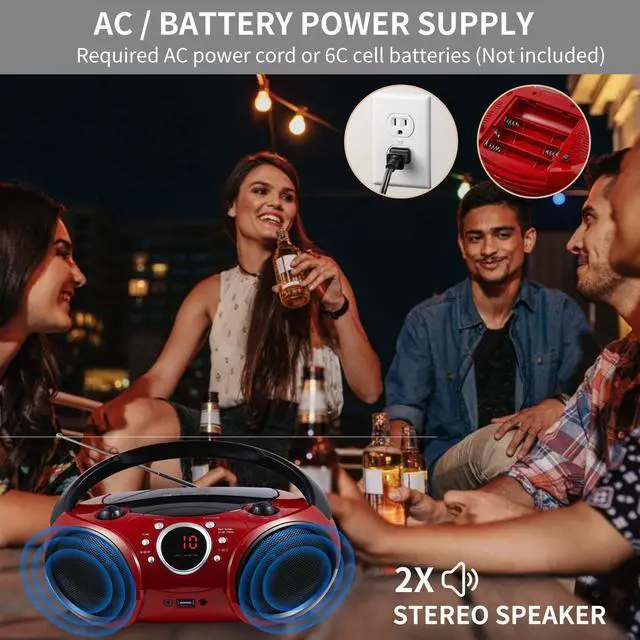 Alt view image 10 of 14 - Portable CD Player Boombox AM FM Radio, Bluetooth, USB Port CD-R/RW, MP3 CDs, 3.5mm Aux Input and Headphone Jack-Dual Power AC/Battery Stereo Sound System for Home & Outdoor(Firmist Red)