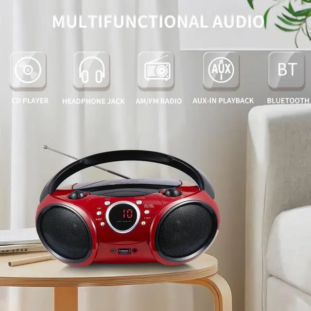Alt view image 12 of 14 - Portable CD Player Boombox AM FM Radio, Bluetooth, USB Port CD-R/RW, MP3 CDs, 3.5mm Aux Input and Headphone Jack-Dual Power AC/Battery Stereo Sound System for Home & Outdoor(Firmist Red)