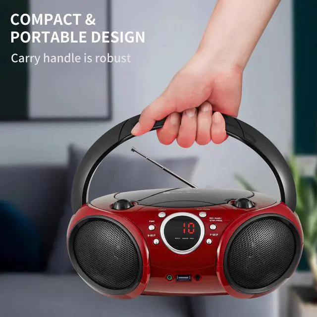 Alt view image 13 of 14 - Portable CD Player Boombox AM FM Radio, Bluetooth, USB Port CD-R/RW, MP3 CDs, 3.5mm Aux Input and Headphone Jack-Dual Power AC/Battery Stereo Sound System for Home & Outdoor(Firmist Red)