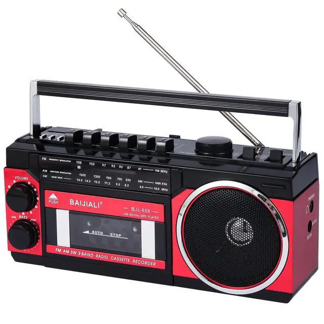 Alt view image 8 of 14 - Portable Cassette Player with AM/FM/SW Radio & BT, Boombox for Home and Travel, Record from Radio, Play via SD/USB, Headphone Jack, AC/Battery Power