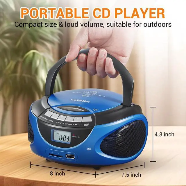 Alt view image 9 of 12 - Portable Boombox CD Player, Top Loading CD Players for Home with Bluetooth, AM FM Stereo Radio, Support USB, SD, MMC Drive, LCD Display, Headphone Jack, AC/DC Powered, Gift for Seniors-Blue