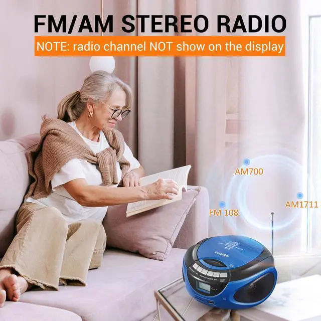 Alt view image 11 of 12 - Portable Boombox CD Player, Top Loading CD Players for Home with Bluetooth, AM FM Stereo Radio, Support USB, SD, MMC Drive, LCD Display, Headphone Jack, AC/DC Powered, Gift for Seniors-Blue
