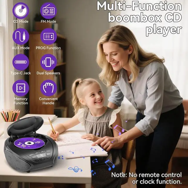 Alt view image 9 of 14 - CD Player Portable Boombox Radio CD Players with Speakers Home Audio FM Radio AUX Input Support Headphones Playlist Mode PROG Playback for Outdoor Indoor Audiobooks (Power adapter not included)