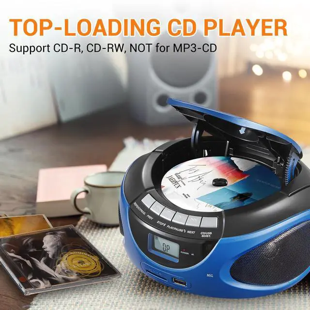 Alt view image 12 of 12 - Portable Boombox CD Player, Top Loading CD Players for Home with Bluetooth, AM FM Stereo Radio, Support USB, SD, MMC Drive, LCD Display, Headphone Jack, AC/DC Powered, Gift for Seniors-Blue