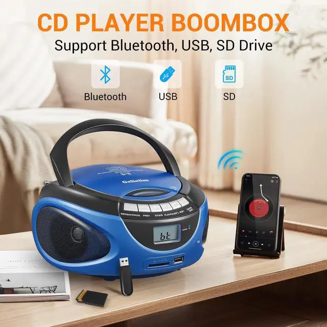 Alt view image 10 of 12 - Portable Boombox CD Player, Top Loading CD Players for Home with Bluetooth, AM FM Stereo Radio, Support USB, SD, MMC Drive, LCD Display, Headphone Jack, AC/DC Powered, Gift for Seniors-Blue