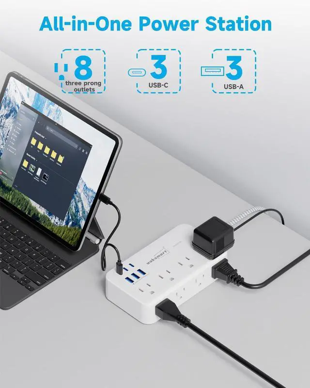 Alt view image 9 of 14 - Surge Protector Power Strip (2800J), 8 AC Outlets with 6 USB Ports 4.8A/24W Charging Station for iPhone 15 Series, 5ft Flat Extension Cord, Flat Plug, Wall Mount for Home, Office, White