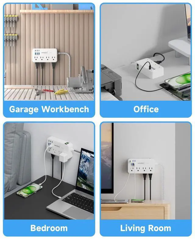 Alt view image 13 of 14 - Surge Protector Power Strip (2800J), 8 AC Outlets with 6 USB Ports 4.8A/24W Charging Station for iPhone 15 Series, 5ft Flat Extension Cord, Flat Plug, Wall Mount for Home, Office, White