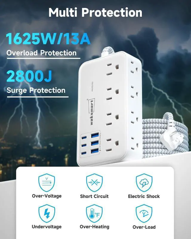 Alt view image 14 of 14 - Surge Protector Power Strip (2800J), 8 AC Outlets with 6 USB Ports 4.8A/24W Charging Station for iPhone 15 Series, 5ft Flat Extension Cord, Flat Plug, Wall Mount for Home, Office, White