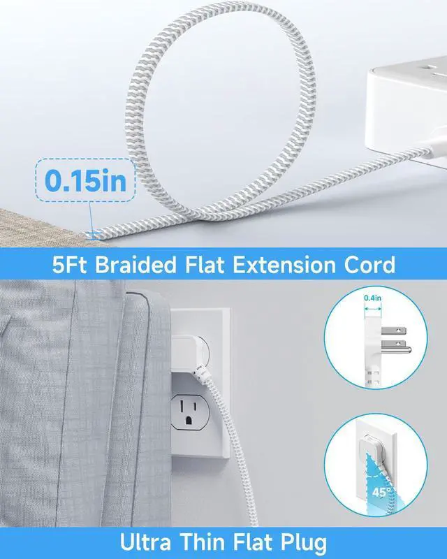 Alt view image 12 of 14 - Surge Protector Power Strip (2800J), 8 AC Outlets with 6 USB Ports 4.8A/24W Charging Station for iPhone 15 Series, 5ft Flat Extension Cord, Flat Plug, Wall Mount for Home, Office, White