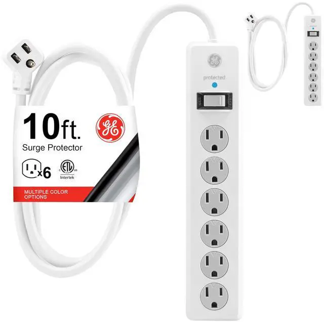 Alt view image 7 of 12 - E Surge Protector Power Strip, 10 Ft Extension Cord, 6 Outlet Extender, 800 Joules, Flat Plug, Twist-to-Close Safety Covers, ETL Listed, White, 2 Pack, 46862