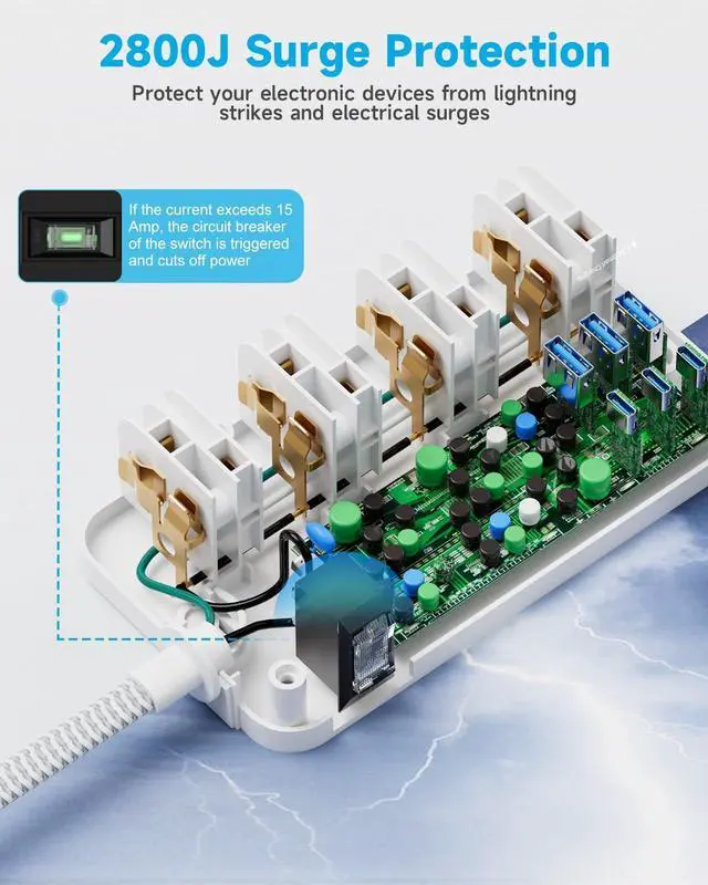 Alt view image 11 of 14 - Surge Protector Power Strip (2800J), 8 AC Outlets with 6 USB Ports 4.8A/24W Charging Station for iPhone 15 Series, 5ft Flat Extension Cord, Flat Plug, Wall Mount for Home, Office, White