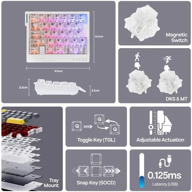 Alt view image 10 of 14 - AK029 One Handed Gaming Keyboard, 8Khz Polling, 29 Keys Rapid Fast Wired Keyboard, SOCD & DKS, Magnetic Switch, Adjustable Actuation, RGB Backlits, Aluminum Plate (White Transparent)