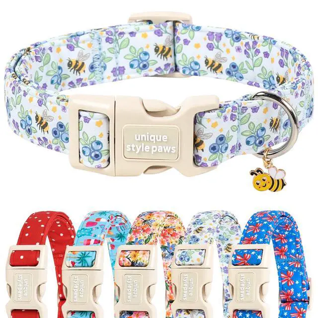 Main image of Unique style paws Dog Collar Plastic Buckle with Pendant Puppy Collar for Spring Summer Blueberry Bee for Small Medium Large Boys Girls Dogs