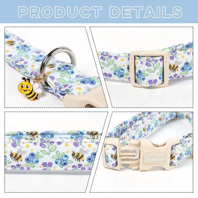 Alt view image 3 of 6 - Unique style paws Dog Collar Plastic Buckle with Pendant Puppy Collar for Spring Summer Blueberry Bee for Small Medium Large Boys Girls Dogs