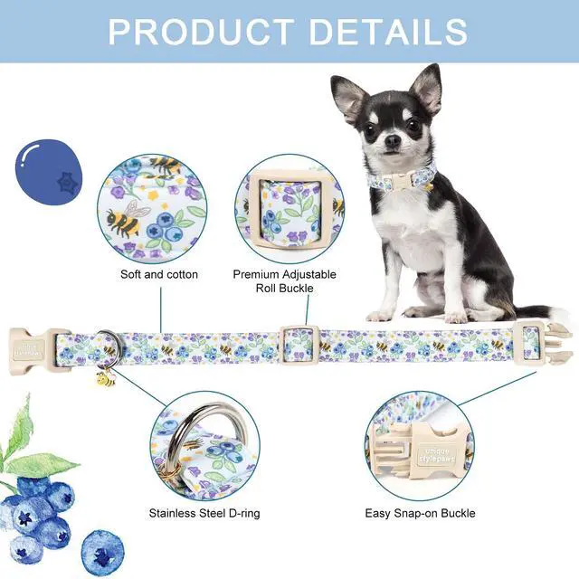 Alt view image 2 of 6 - Unique style paws Dog Collar Plastic Buckle with Pendant Puppy Collar for Spring Summer Blueberry Bee for Small Medium Large Boys Girls Dogs