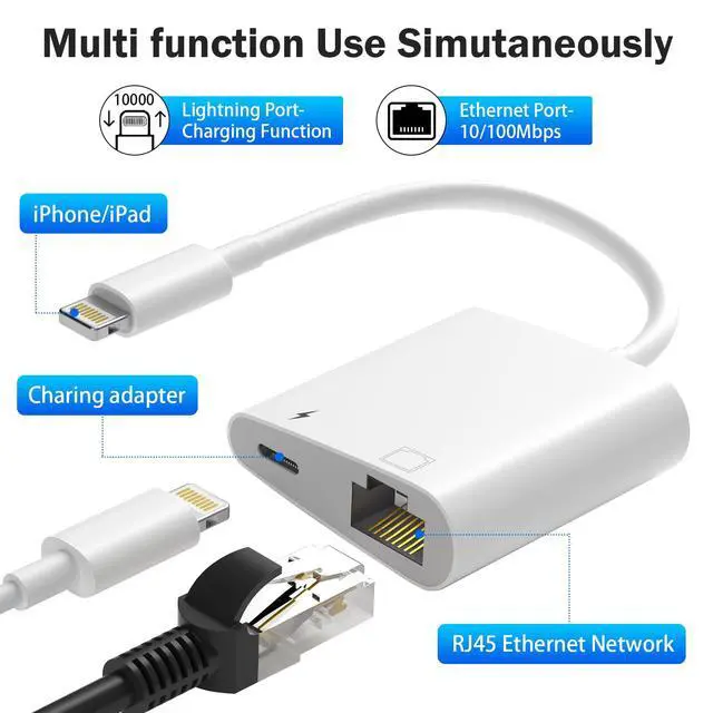 Alt view image 2 of 7 - Apple MFi Certified Lightning to Ethernet Adapter for iPhone/iPad, 2 in 1 RJ45 Ethernet LAN Network Adapter with Charge Port for iPhone 14 13 12/iPad/iPod, Plug and Play, Supports 100Mbps Network