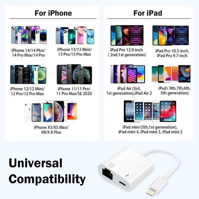 Alt view image 3 of 7 - Apple MFi Certified Lightning to Ethernet Adapter for iPhone/iPad, 2 in 1 RJ45 Ethernet LAN Network Adapter with Charge Port for iPhone 14 13 12/iPad/iPod, Plug and Play, Supports 100Mbps Network