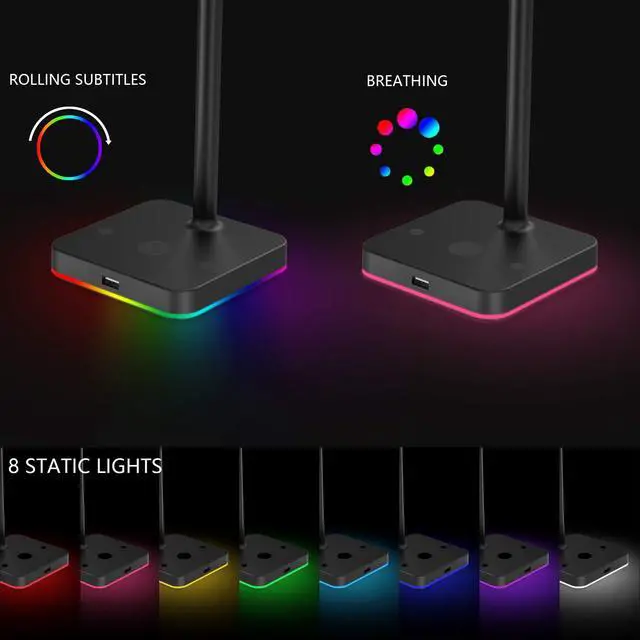 Alt view image 2 of 7 - RGB Headphone Stand with USB Hub Desk Gaming Headset Holder Hanger Rack with 1 USB2.0 Extension Charging Port Extender Cord - Suitable for Gamer Desktop Table Game Earphone Accessories, Black