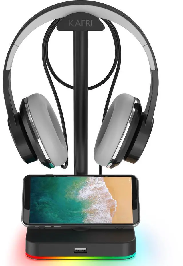 Main image of RGB Headphone Stand with USB Hub Desk Gaming Headset Holder Hanger Rack with 1 USB2.0 Extension Charging Port Extender Cord - Suitable for Gamer Desktop Table Game Earphone Accessories, Black