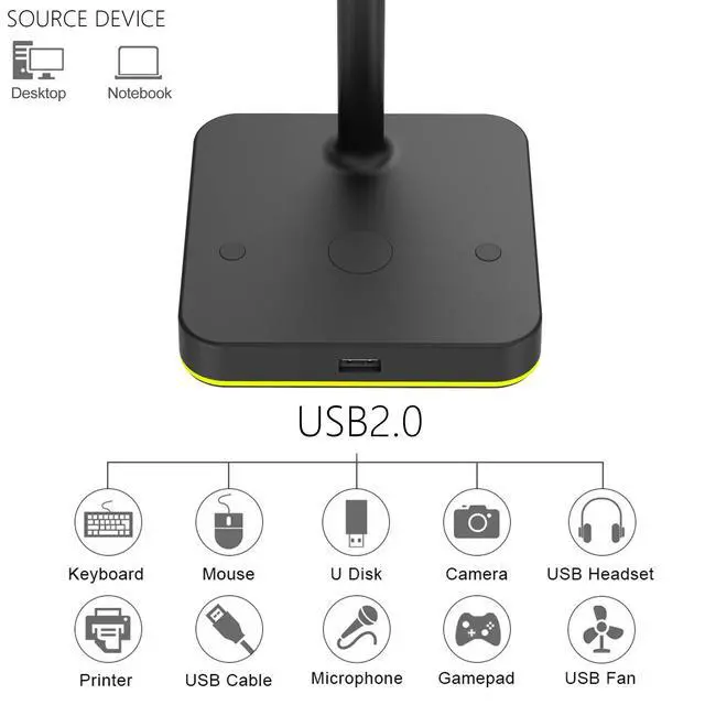 Alt view image 3 of 7 - RGB Headphone Stand with USB Hub Desk Gaming Headset Holder Hanger Rack with 1 USB2.0 Extension Charging Port Extender Cord - Suitable for Gamer Desktop Table Game Earphone Accessories, Black