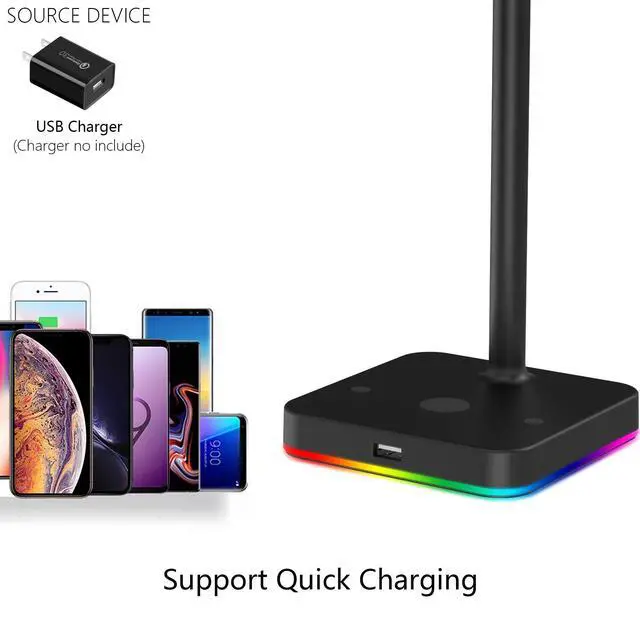 Alt view image 4 of 7 - RGB Headphone Stand with USB Hub Desk Gaming Headset Holder Hanger Rack with 1 USB2.0 Extension Charging Port Extender Cord - Suitable for Gamer Desktop Table Game Earphone Accessories, Black