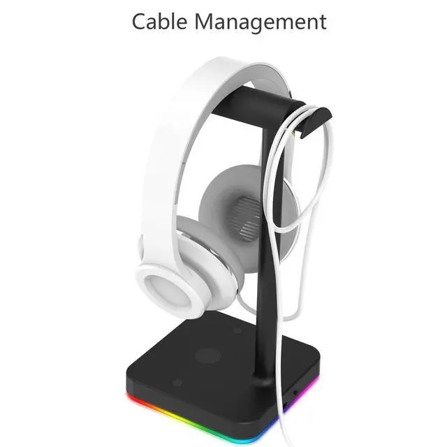 Alt view image 5 of 7 - RGB Headphone Stand with USB Hub Desk Gaming Headset Holder Hanger Rack with 1 USB2.0 Extension Charging Port Extender Cord - Suitable for Gamer Desktop Table Game Earphone Accessories, Black