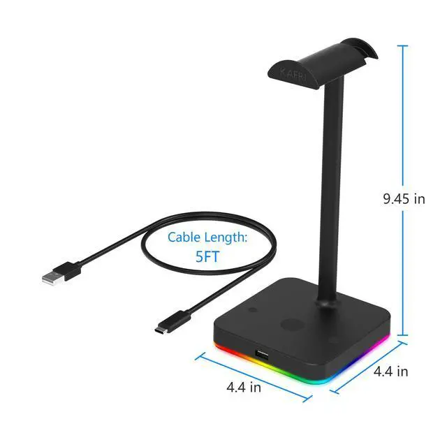 Alt view image 7 of 7 - RGB Headphone Stand with USB Hub Desk Gaming Headset Holder Hanger Rack with 1 USB2.0 Extension Charging Port Extender Cord - Suitable for Gamer Desktop Table Game Earphone Accessories, Black