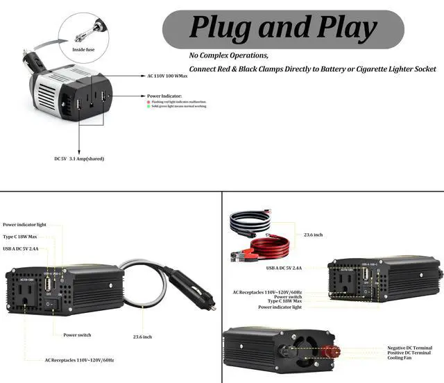 Alt view image 5 of 7 - Compact and Lightweight Modified sine Wave Power Inverter DC12V to AC110-120V 60Hz with Rated Output Power 100W,200W, 300W, 400W for Choice(100, Watts)