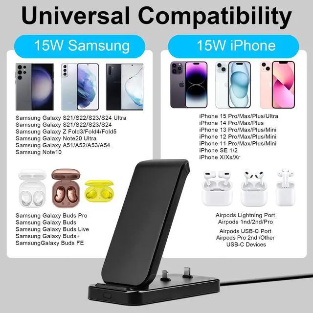 Alt view image 2 of 7 - 2 in 1 Fast Max 15W Qi Wireless Charger Charging Stand for iPhone 16/15/14/13/12/Pro/Max/Plus/Ultra, Airpods 1/2/3/ Pro1/2, Charging Station for Samsung Galaxy S21/S10, Galaxy Buds Live/Pro/+