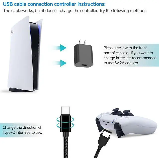 Alt view image 3 of 7 - Charger Charging Cable for Xbox Series S/X,PS5 Controller,Xbox Elite Series 2,PS5 DualSense,Switch Pro Controller USB Type C Nylon Braided Cord 10 Feet